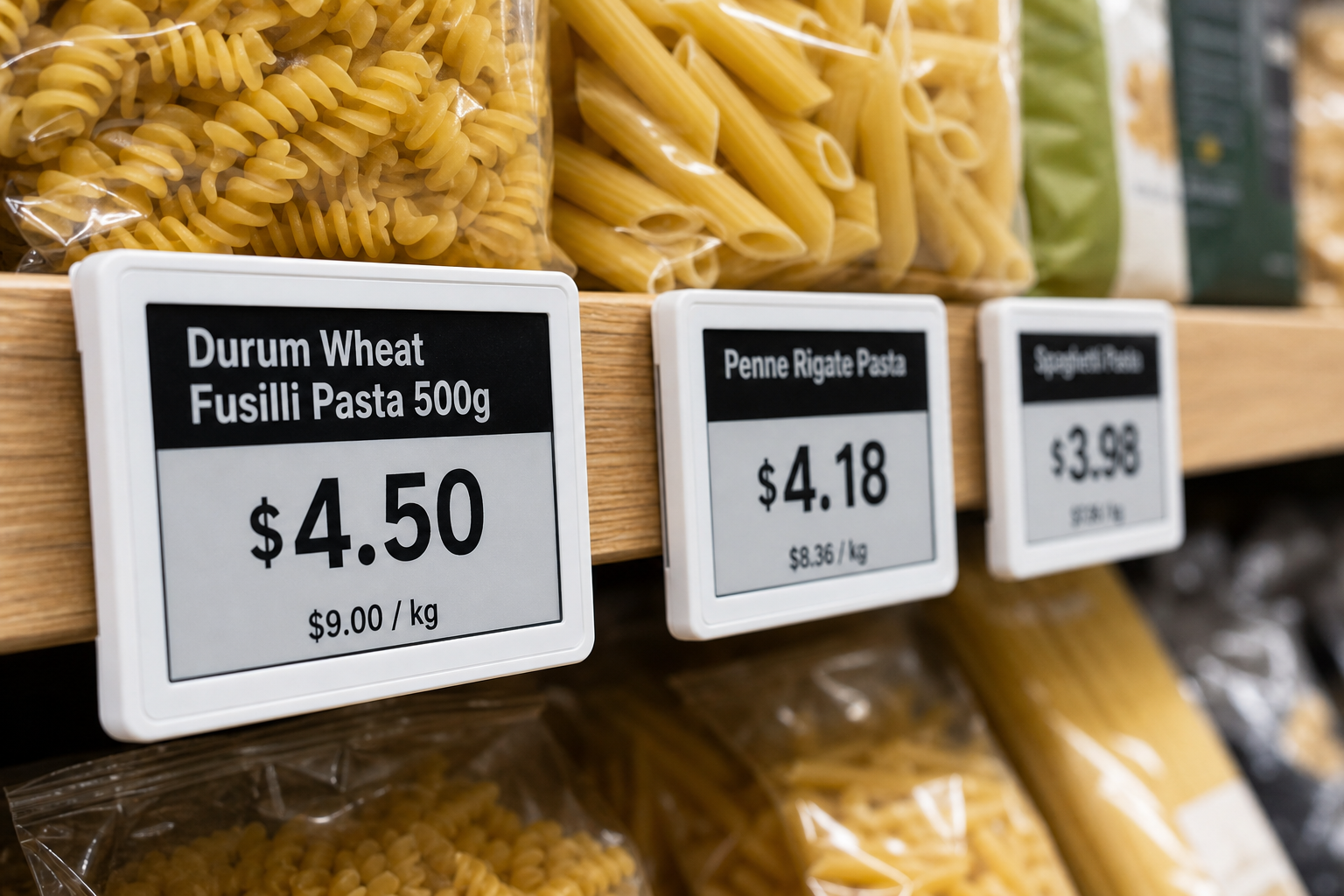 Electronic shelf labels on a pasta shelf showing Australian dollar prices
